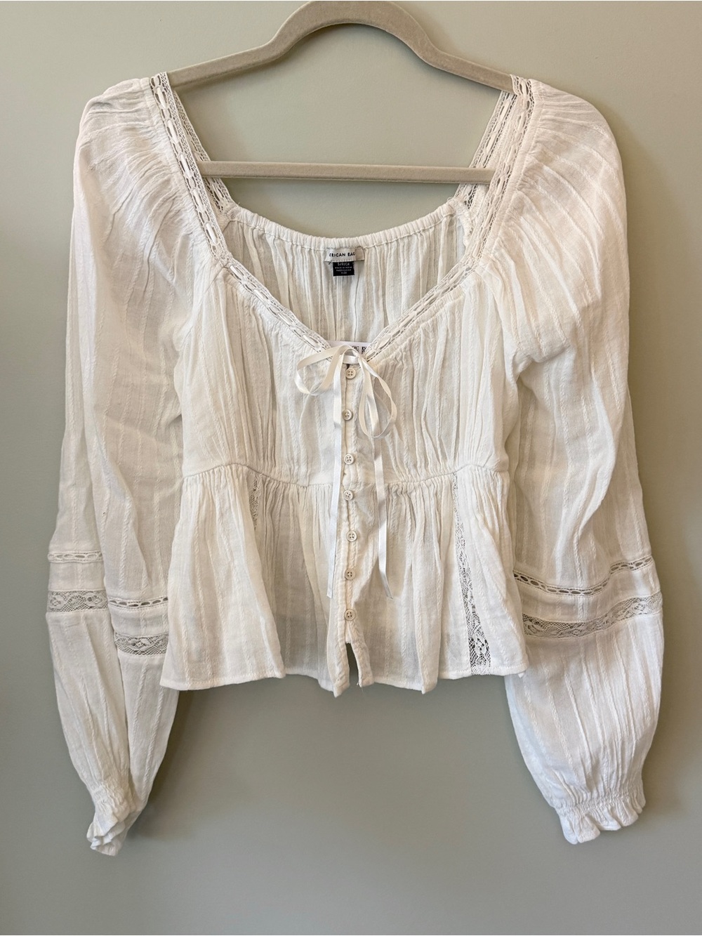 Cotton Blend Lace-Trim Peasant Blouse